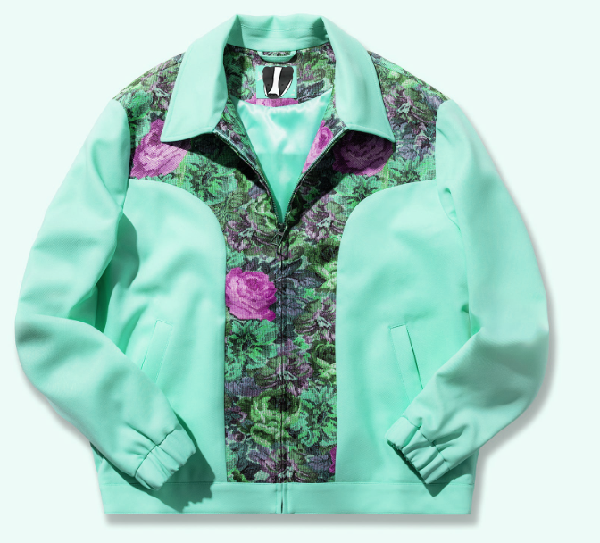 badger bomber jacket in a turquoise green silk.