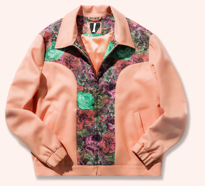 badger bomber jacket in a peach pink silk.