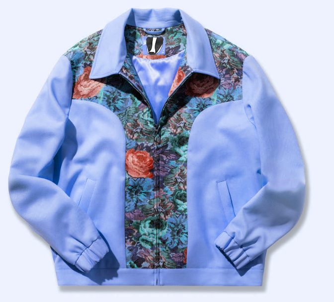 badger bomber jacket in a subtle blue silk.